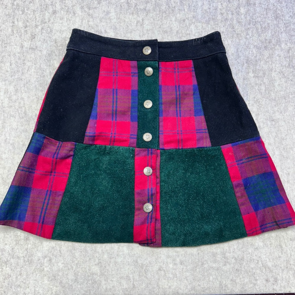 Vintage Mona Mode Suede‎ Wool Plaid Button Front A-Line Skirt Size 10 Patchwork